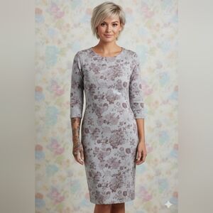 Suzy Shier💐SOFT KNIT MIDI Floral Dress - Gray with Burgundy Floral Design Sz M